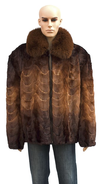 Winter Fur Men's Mink Front Paws Jacket with Fox Collar, Dyed into Two Shades of Whiskey M69R01WKT