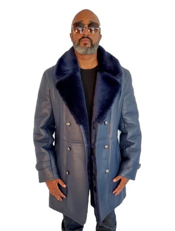 G-Gator 4400 Navy Shearling Sheepskin Nappa Trench Coat Double Breasted USA Made