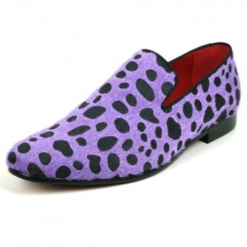 Fiesso Black / Purple Leopard Print Pony Hair Slip On Loafer FI7532.