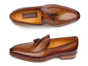 Paul Parkman 083 Camel & Brown Genuine Leather Hand-Painted  Loafer Shoes With Tassel