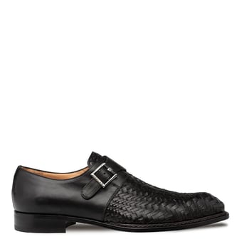 Mezlan "Temi" Black Genuine Woven Calfskin Leather Monk Strap 21069.