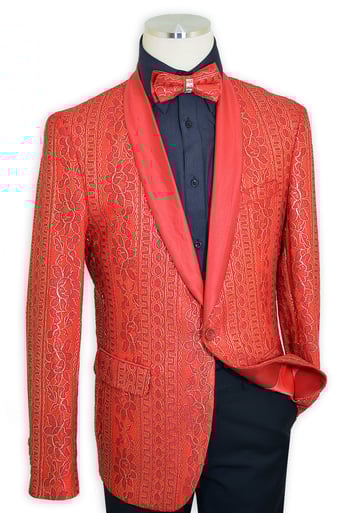 Cielo Red / Metallic Gold Embroidered Satin Classic Fit Blazer / Bow Tie B6387