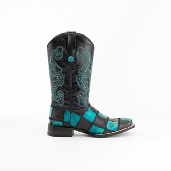 Ferrini "Patchwork" Black / Teal Full Grain Leather Square Toe Cowboy Boots 11393-50