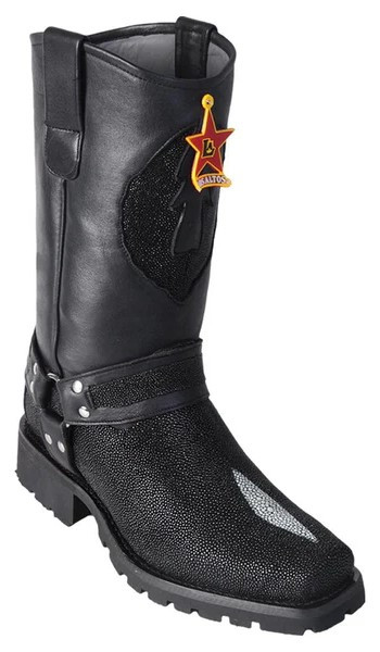 Los Altos Black Genuine Single Stone Stingray Motorcycle Square Toe Cowbot Boots 55T1205