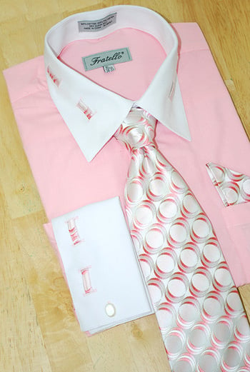 Fratello Pink With Pink/White  Laced Spread Collar And French Cuffs Shirt/Tie/Hanky Set  FRV4105P2