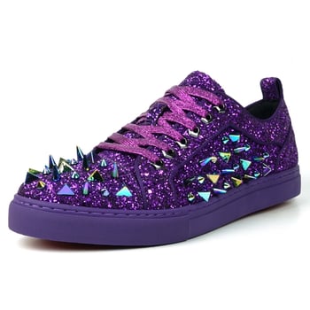 Fiesso FI-2429 Purple Glitter Spike Low-Cut Lace-Up Sneaker Red Sole