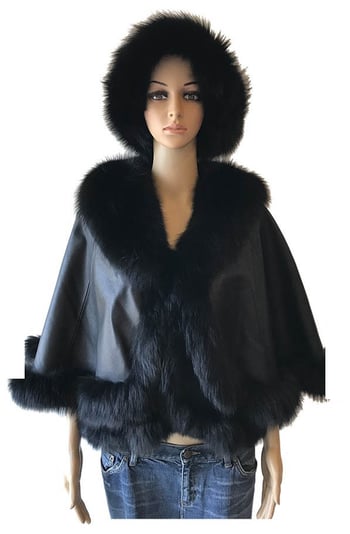 Winter Fur Ladies Black Genuine Lamb Skin With Fox Trimming Cape W00P01BK.