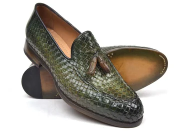 Paul Parkman ''WVN44-GRN'' Green Genuine Woven Leather Tassel Loafers.