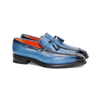 Emilio Franco Dino Blue Genuine Leather Tassel Loafer, Men's Italian Handmade Shoe