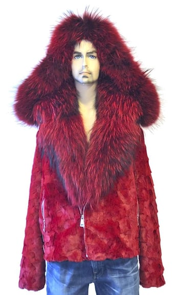 Winter Fur Red Genuine Diamond Mink Motorcycle Jacket With Fox Collar And Hood M49S02RD.