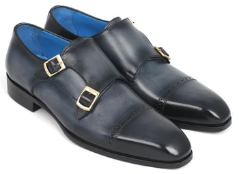 Paul Parkman ''045NVY62'' Navy Genuine Leather Double Monkstraps  Captoe Shoes.