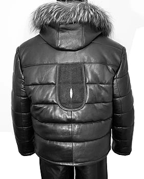 G-Gator Genuine Stingray / Leather Motorcycle Puffer Jacket With Chinchilla Fur Hood 2910