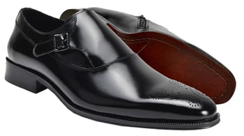 Giovanni "Keegan" Black Burnished Medallion Toe Calfskin Monk Strap Shoes