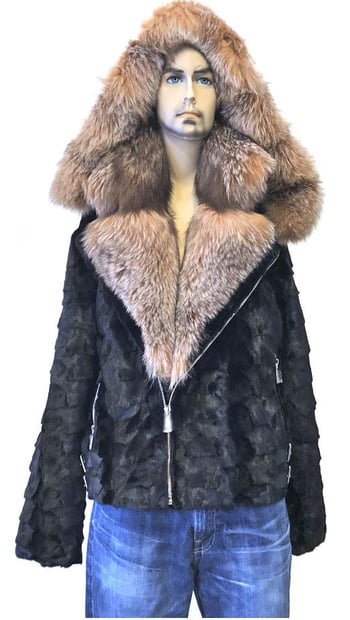 Winter Fur Black Genuine Diamond Mink Motorcycle Jacket With Fox Collar And Hood M49S02BK.