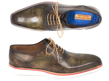 Paul Parkman "184SNK-GRN" Army Green Genuine Leather Perforated Medallion Toe Shoes.