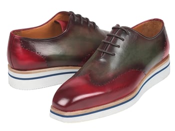 Paul Parkman "187-BRD-GRN" Bordeaux / Green Genuine Calfskin Casual Wingtip Oxfords Shoes .