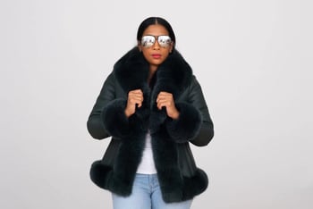 G-Gator 1086 Women's Emerald Green Sheepskin Crystal Fox Fur Trim Jacket