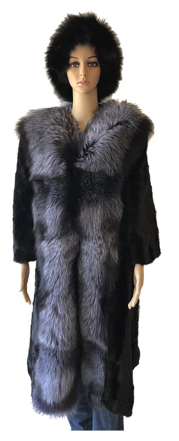 Winter Fur Ladies Black Genuine Mink Paws Coat With Silver Fox Trimmed W69Q04BK.