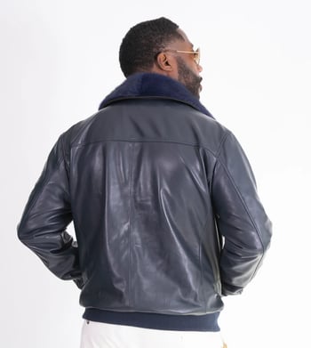 G-Gator 2220 Navy Genuine Lambskin Leather Bomber Jacket Removable Mink Fur Collar