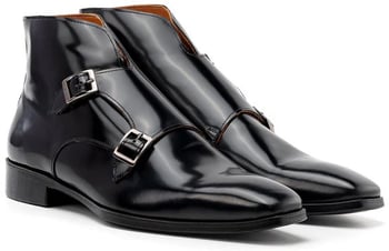 Paul Parkman 8154-BLP Black Genuine Polished Leather Double Monkstrap Ankle Boots