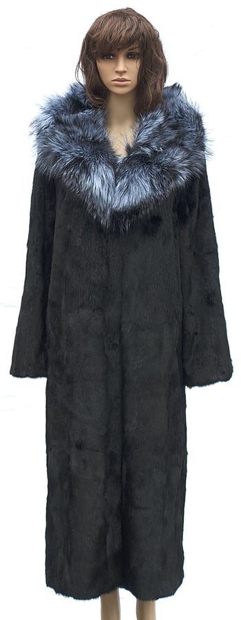 Winter Fur Ladies Black Full Skin Mink Full Length Coat With Silver Fox Collar W07F06BK.