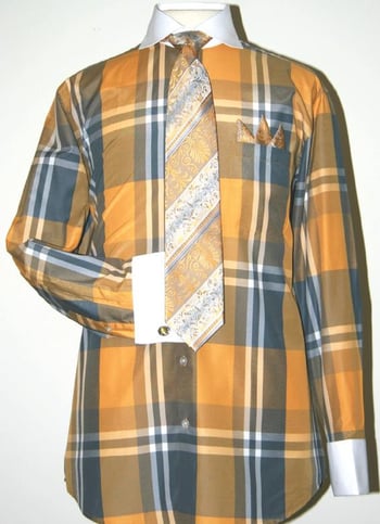 Fratello Mustard Large Checker Two Tone Design Shirt / Tie / Hanky Set With Free Cufflinks FRV4125P2.