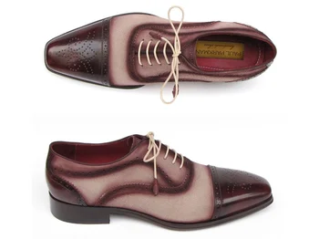 Paul Parkman 024 Burgundy / Beige Genuine Italian Calfskin Captoe Oxford Hand-Painted Shoes