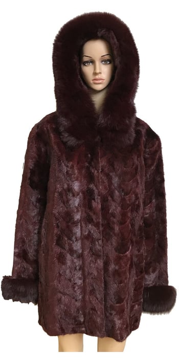 Winter Fur Ladies Burgundy Genuine Mink Paws 3/4 Coat With Fox Trimmed Hood W069Q07BD.