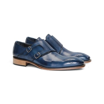 Duca Di Matiste Vergato Ocean Blue Genuine Italian Calf Leather Monk Strap Shoes
