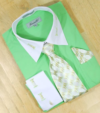 Fratello Lime Green / White Laced Spread Collar And French Cuffs Shirt/Tie/Hanky Set  FRV4105P2