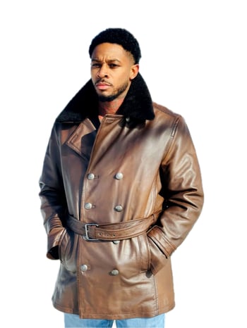 G- Gator 2099 Brown Lambskin French Antique Peacoat Double Breasted Sheepskin Removable Collar