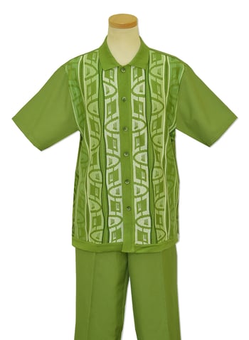 Silversilk 9302 Men's Basil Green & White Geometric Silk-Linen Two-Piece Short-Sleeve Set