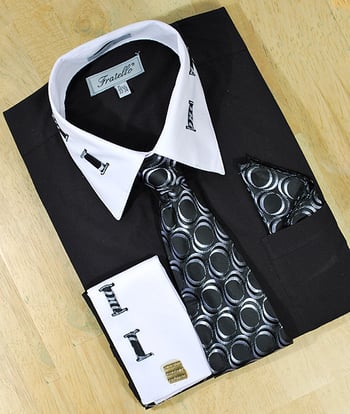 Fratello Black / White Laced Spread Collar And French Cuffs Shirt/Tie/Hanky Set  FRV4105P2