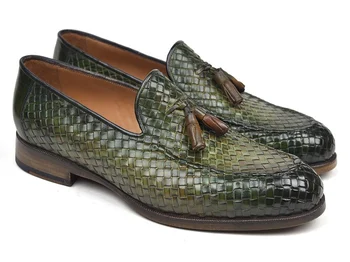 Paul Parkman ''WVN44-GRN'' Green Genuine Woven Leather Tassel Loafers.