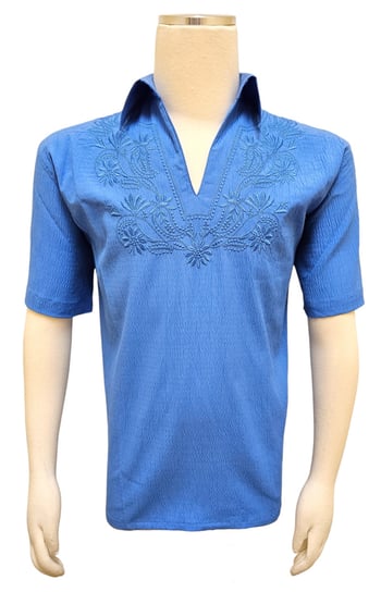 Bagazio Blue Crepe Embroidered Pull-Over Notch Neck Short Sleeve Shirt BM1906