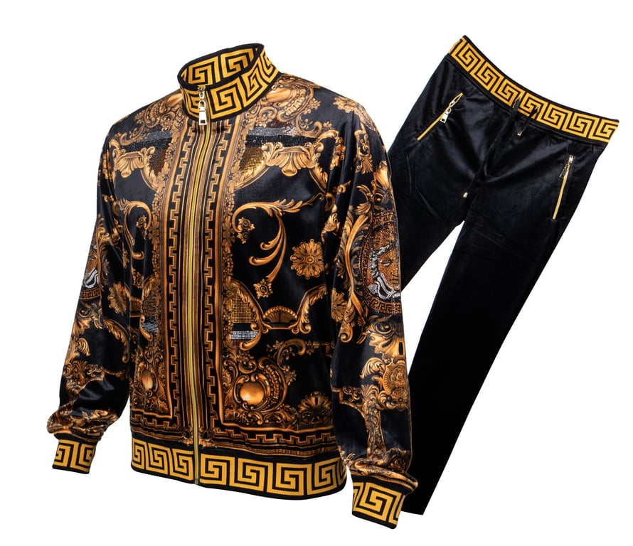 Prestige Black Gold Crystal Studded Velour Medusa Tracksuit Outfit J