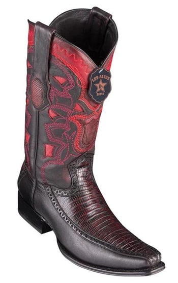 Los Altos Black Cherry Genuine Lizard With Deer Sides European Square Toe Cowboy Boots 76F0718