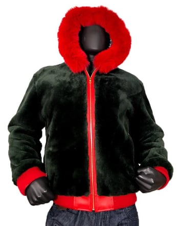 G-Gator Green / Red Genuine Lambskin Bomber Jacket With Fur Collar 4050.