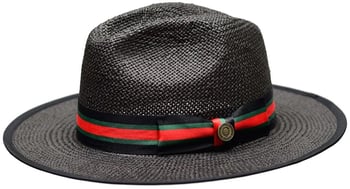 Bruno Capelo Black / Dark Green / Red Banded Flat Brim Straw Fedora Hat VA-403