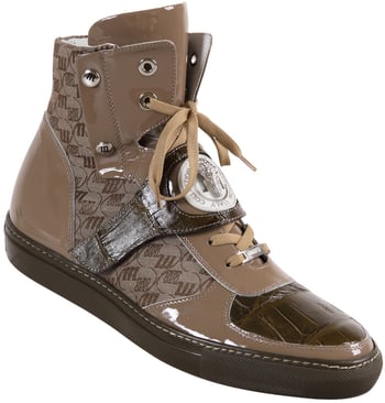 Mauri  "8797" Huntington Taupe / Olive / Beige Genuine Baby Crocodile / Patent Leather / Embroidered Fabric High-Top Sneakers With Strap