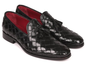 Paul Parkman ''6623-BLK'' Black Genuine Leather Braided Tassel Loafer Shoes