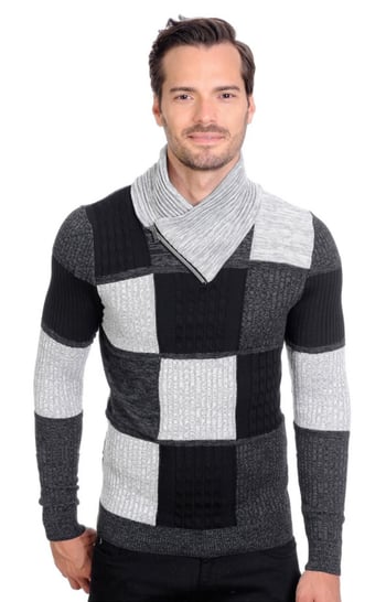 LCR Silver / Grey / Black Modern Fit Cotton Blend Pull-Over Shawl Collar Sweater 2150