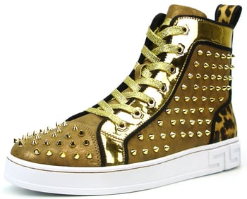 Encore by Fiesso FI-2364 Gold Suede Spiked High-Top Lace-Up Sneaker