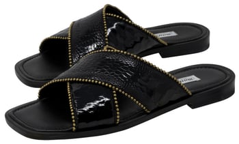 Mauri "Luxor" 5062 Black Genuine Ostrich Leg / Homer Fabric Patent Leather Sandals.