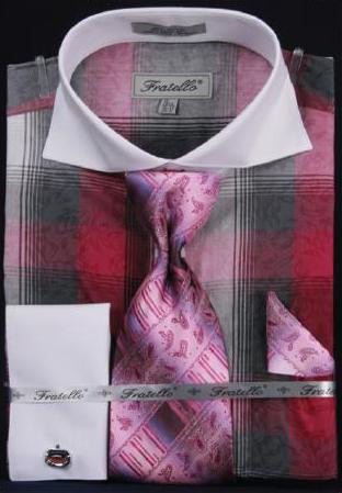 Fratello Fuchsia Checker Pattern Two Tone 100% Cotton Dress Shirt / Tie / Hanky Set With Free Cufflinks FRV4119P2