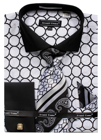 Avanti Uomo White Circle Pattern French Cuff 100% Cotton Shirt / Tie / Hanky Set With Free Cufflinks DN68M.