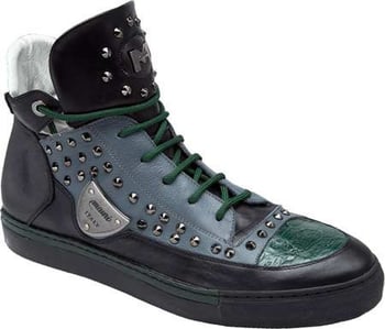 Mauri "Jungla" 8663 Forest Green / Black Genuine Baby Crocodile / Nappa Leather Sneakers with Metal Studs.