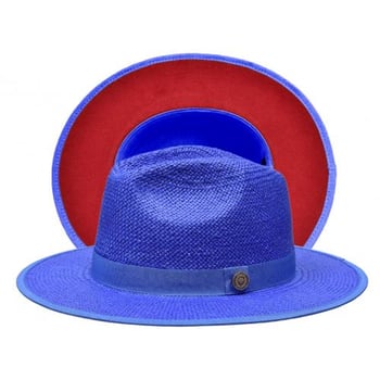 Bruno Capelo Royal Blue / Burnt Red Bottom Flat Brim Straw Fedora Hat KI-516