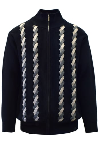 Silversilk 9123 Men's Black & Silver-Grey Silk-Blend Zip-Up Cardigan Sweater
