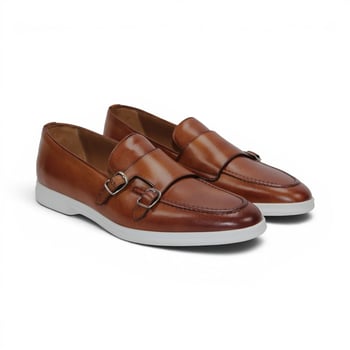 Duca Di Matiste Rimini Cognac Calf Leather Italian Crafted Rubber Sole Double Monk-Strap Loafers